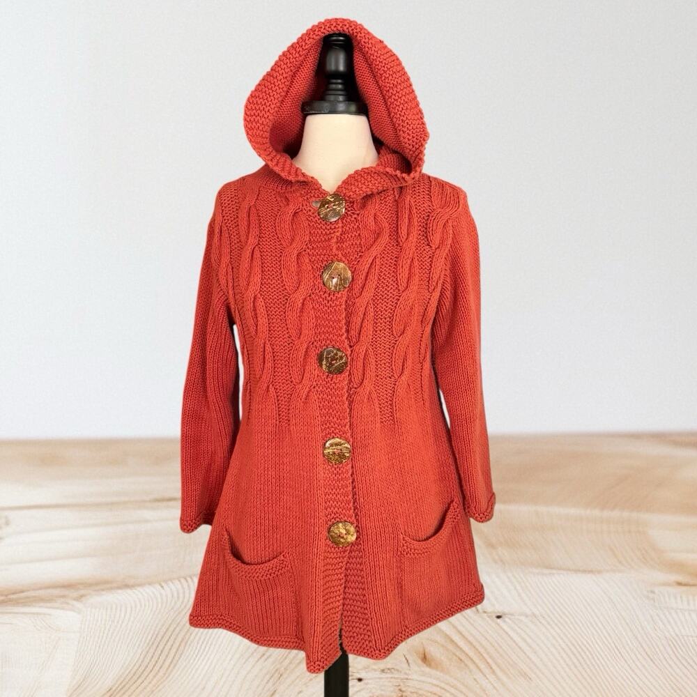 Rico Handโ Knits Hooded Fisherman Cable Cardigan Sweater Sz S Womens 40" Bust